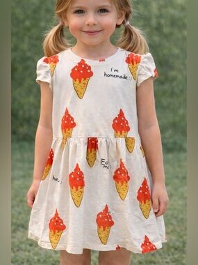 Nadadelazos Cream Ice Cream Print Girls Dress with Red & Yellow Accents